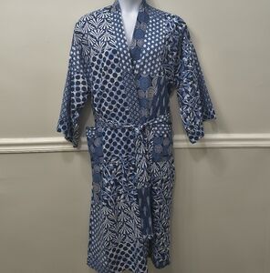 Sievya Unisex Kimono Blue Patchwork Artistic Print Robe OS Lounging Relaxed Fit